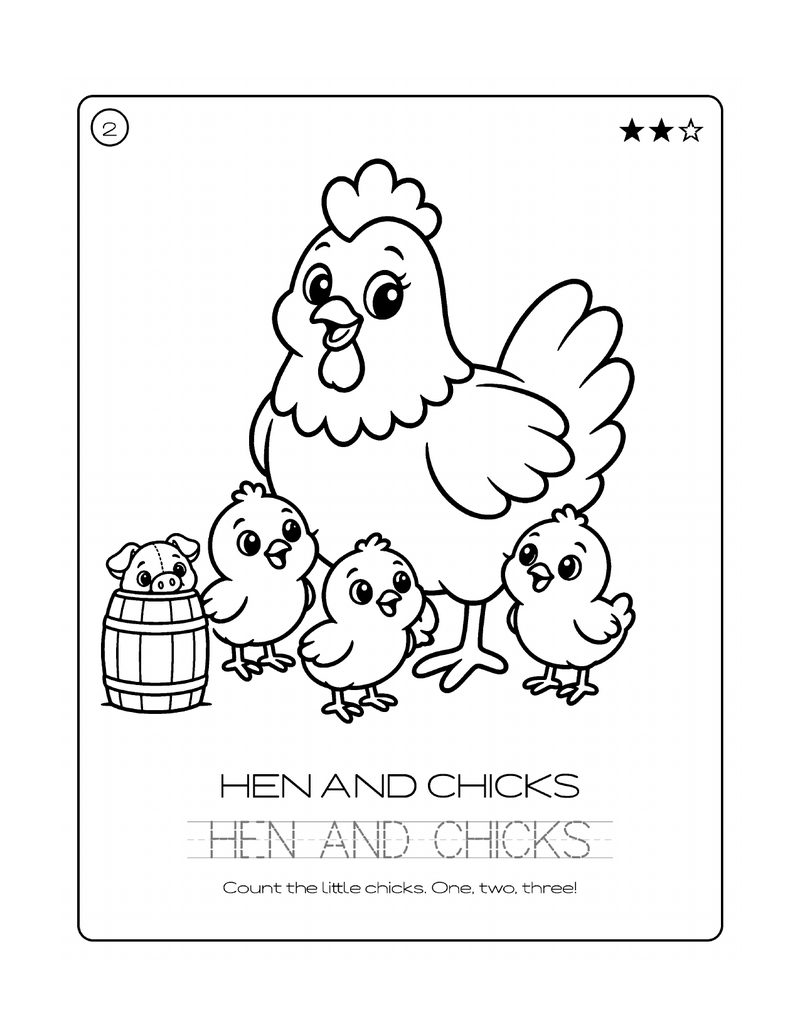 Hen and chicks coloring page with thick bold outlines