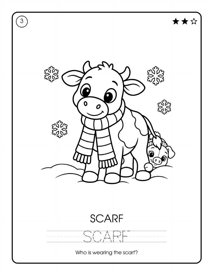 A picture to color with the word Scarf to read and trace