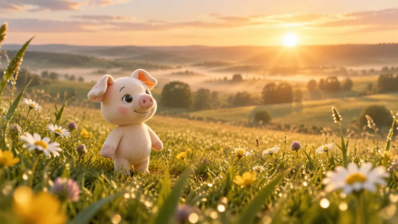 Merry the plush piglet tiny in a sunrise meadow
