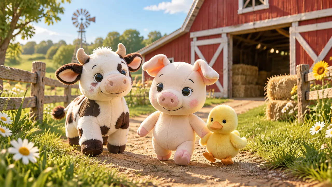 Merry with a plush cow and duckling in front of the red barn