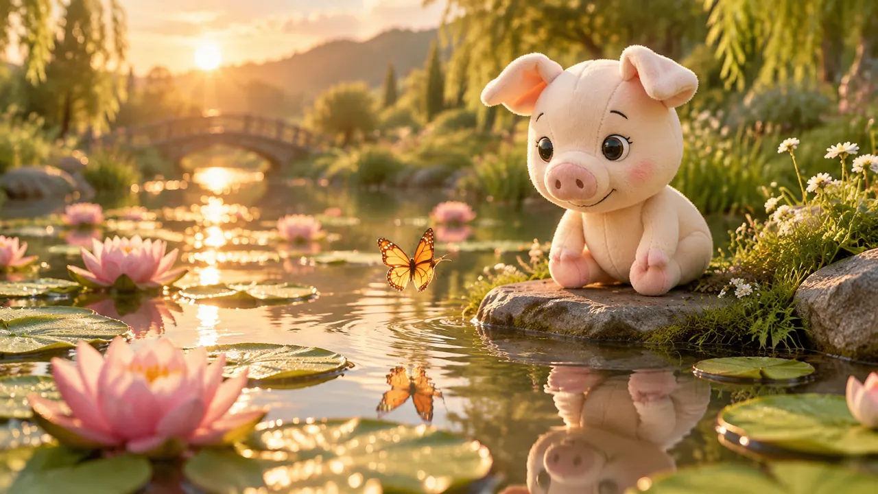 Merry on a stone watching a butterfly over the lily pond