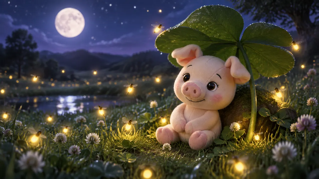 Sleepy Merry under a clover leaf with fireflies and the moon