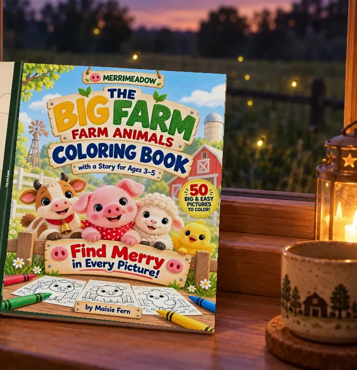 The Big Farm book on a windowsill at dusk